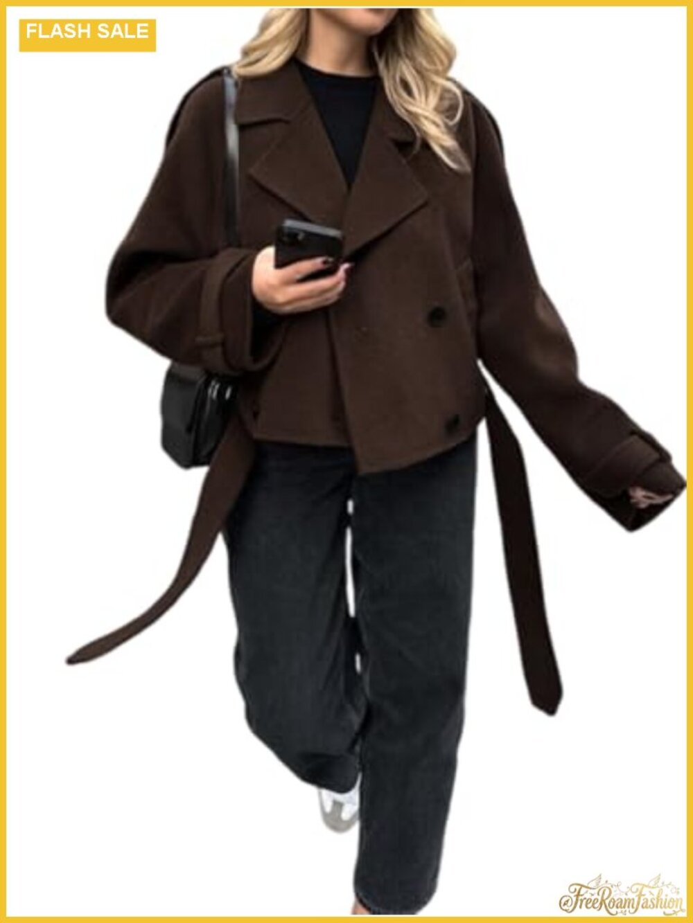 Women's Cropped Wool Pea Coat Double Breasted Belted Notched Lapel Jacket
